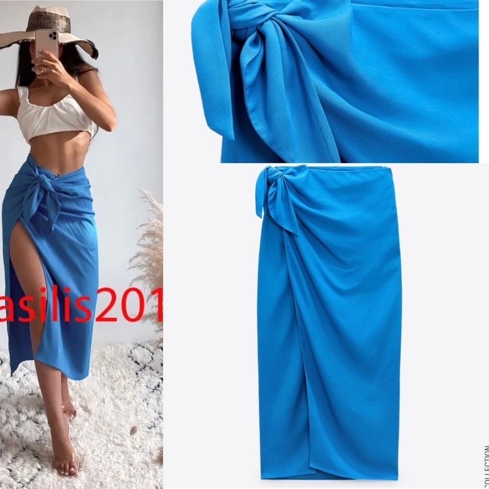Zara Midi Knot Wrap Skirt Size xxl Blue
